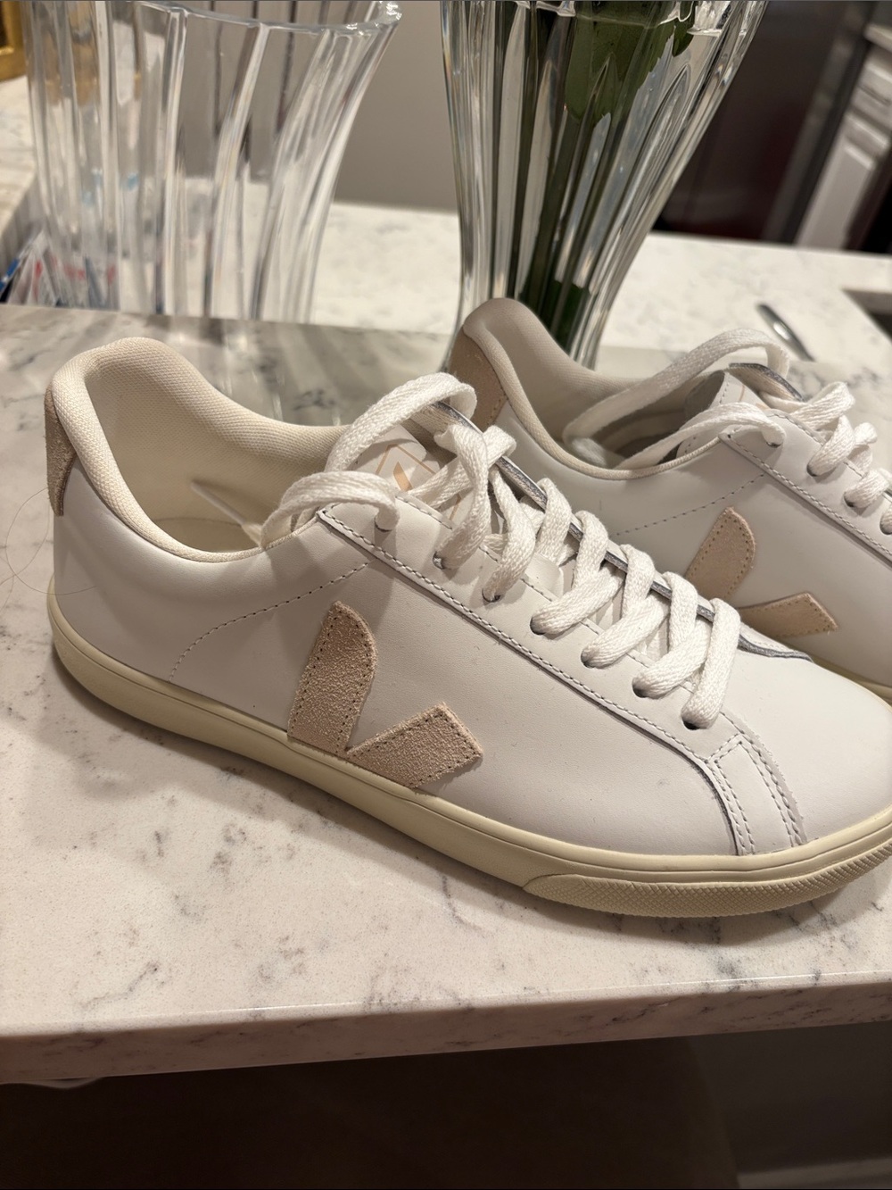 Veja:  NEW white Leather Low-Top Sneakers with Beige Accent